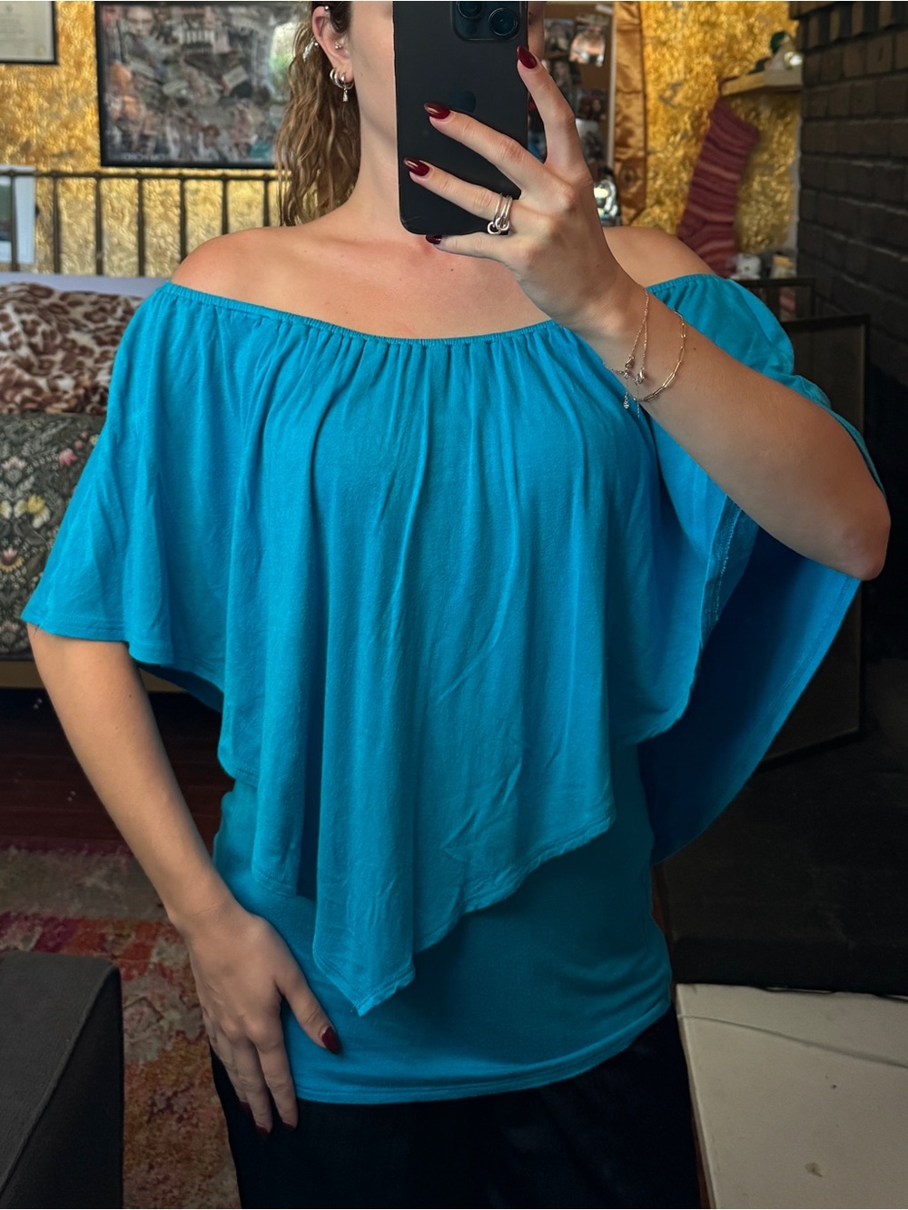 Off-Shoulder Flutter Sleeve Top in Bright Teal